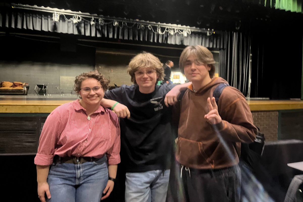 SENIOR STUDENT DIRECTORS Syriana Price,  Billy Westra, and Quentin Shapero rehearse for their annual One-Act production. The performances were held January 25  and 26, and plans to demonstrate the cost of censorship.