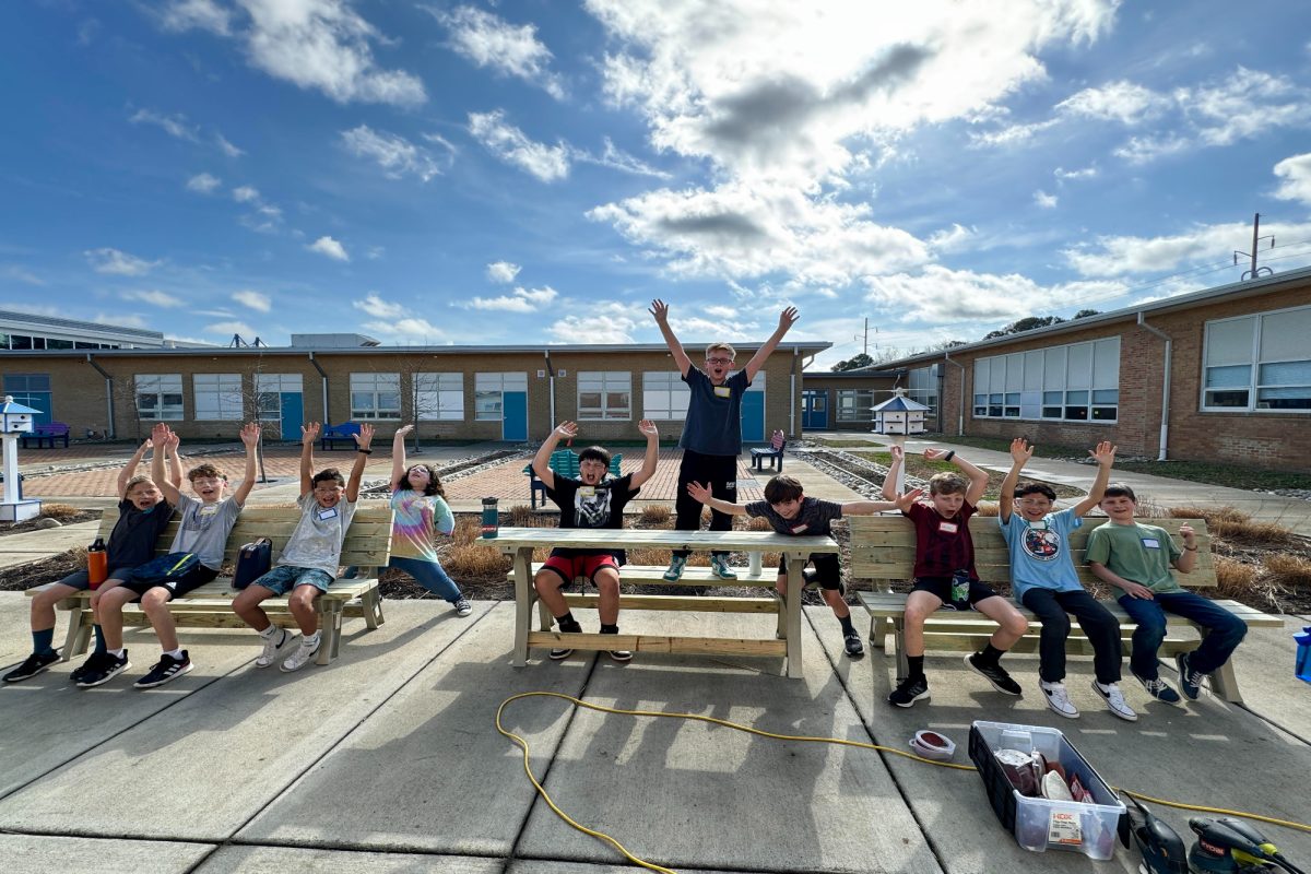 VTFT SENIORS WILL Slevin and Gage Trefry assisted John B. Dey fifth graders build benches for Preston Homes. The fifth grade students were taught how to sand wood, as well as drilling. 