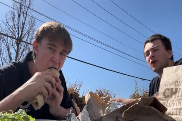 JUNIORS MAX PALMERTON and Blake Heselius enjoy their chosen Chipotle meals . They rated their meals a combined 7.75 out of ten.