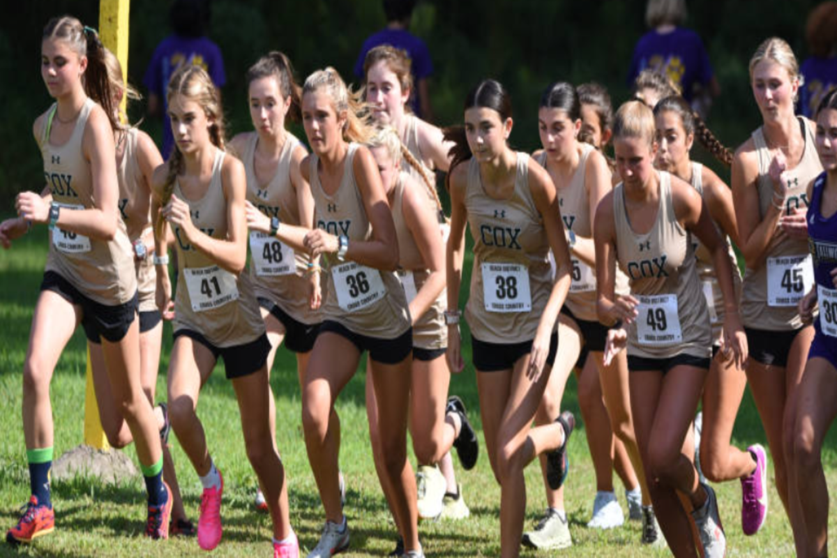FALCON GIRLS CROSS country runners sprint across the start line as the gun goes off to sound the beginning of the race. Student athletes will kick off the 2024 cross country season next week. 