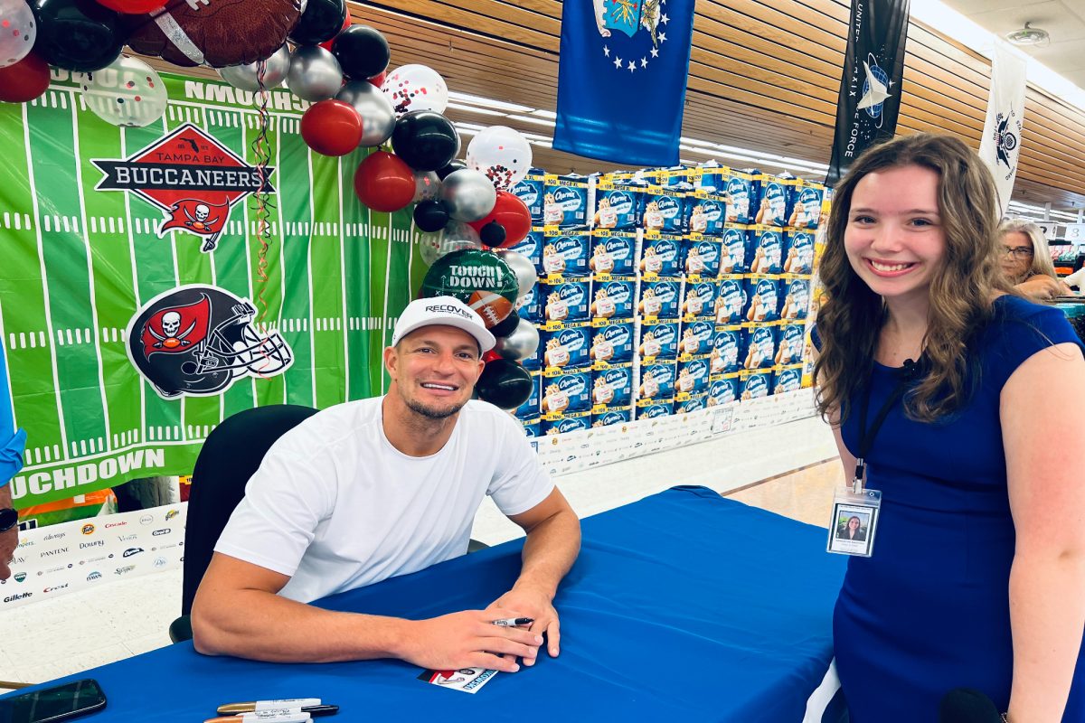 ROB "GRONK" GRONKOWSKI visited the military community for an autograph session at the Norfolk Naval Station Commissary last week. Gronk discussed his support for the military, opinions on guardian caps, and who he will challenge next in a dance-off. 