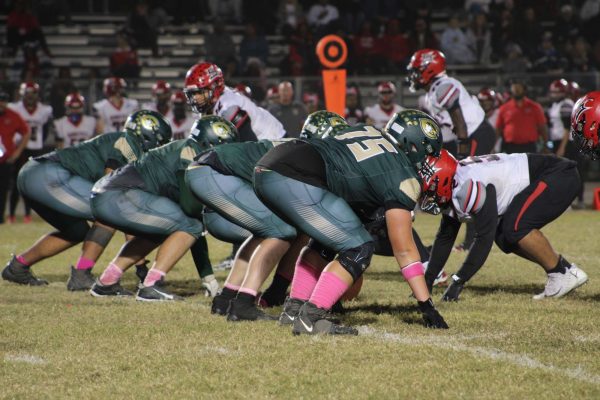 FALCON VARSITY FOOTBALL players line-up against the Sun devils of Salem High School last Friday on senior night. The boys wore pink in support of cancer awareness month.