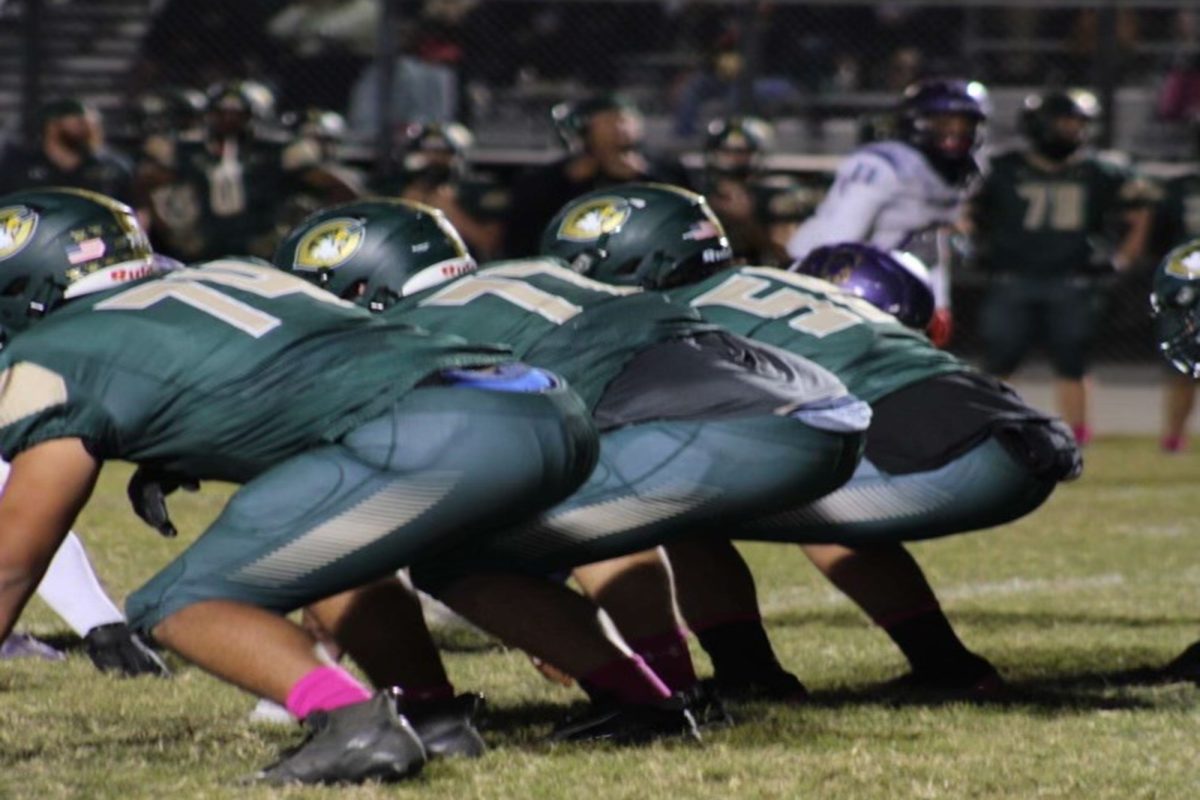 FALCON FOOTBALL OFFENSIVE stand ready on the line of scrimmage ready to pounce on Tallwood players. Ultimately, they felt the fire beneath them and used that momentum to win the game, 23-20.