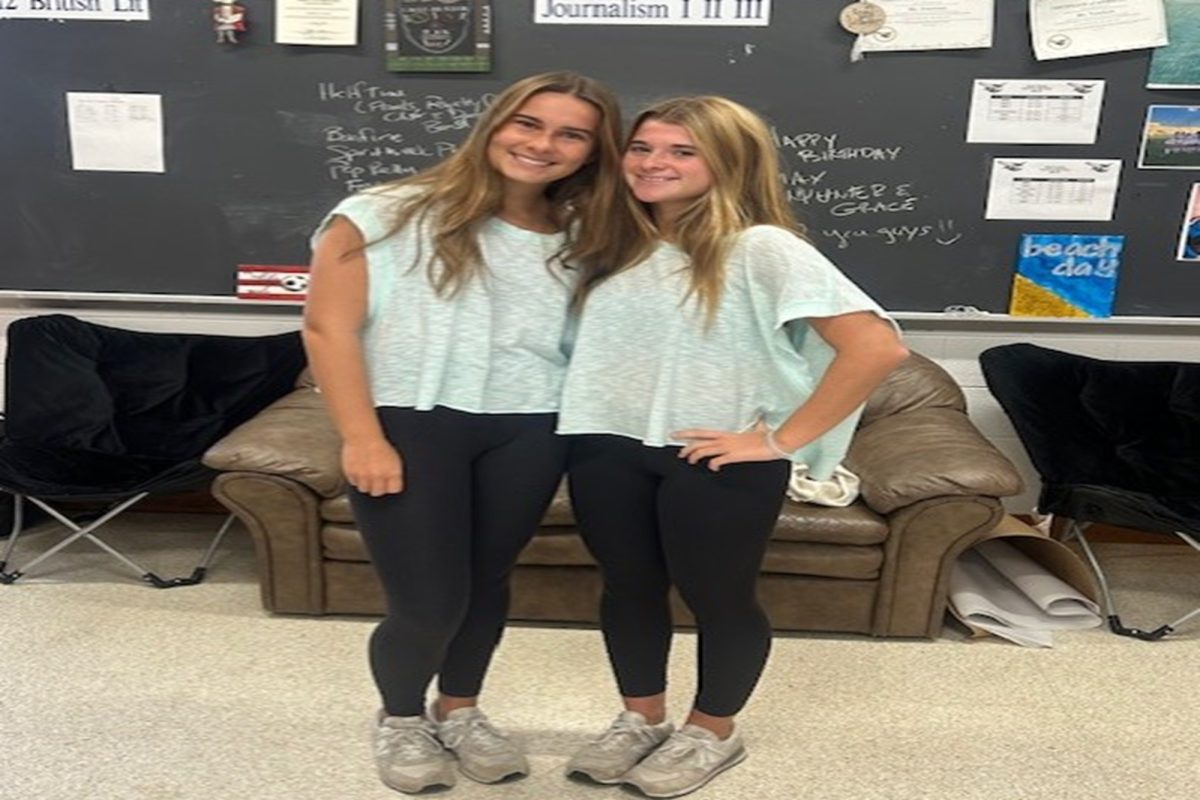 SOPHOMORES HARPER WILBRIGHT (left) and Corinne Wight dressed as twins on the themed spirit day. The pair looked ready to work out after school.