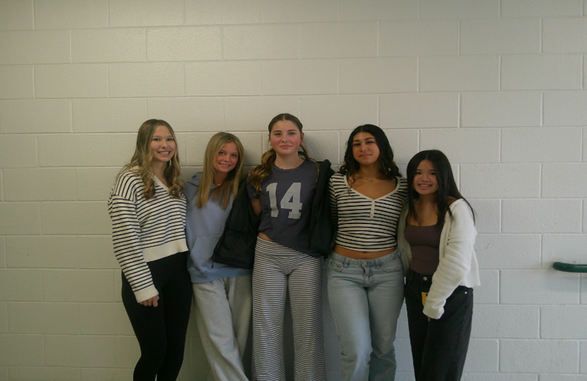 FRESHMAN GIRLS SPORT a newer trend that includes black and white striped patterns in either tops or bottoms. New spring trends include cool color palettes that ease the transition from heavy layers to warm weather wear. 