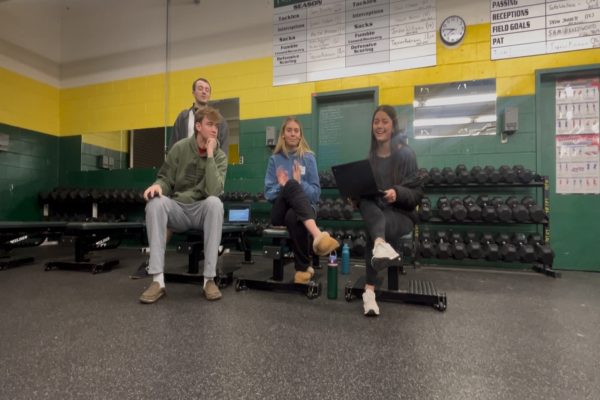 THE BOYS AND girls on the couch discuss mid-February weekly topics including spring sports tryouts, upcoming weather, and college decisions. Falcons will not be in school due to snow until next week and will promptly return with weekly news.