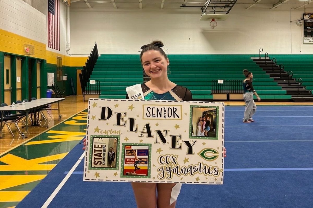 SENIOR DELANEY MCCONNELL celebrates senior night at her final home meet. The Lady Falcons gymnasts, along with McConnell, looked toward finishing the season with positivity and the dream of going to the state competition at the beginning of March.