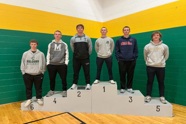 THE BOYS ON the Couch line the podium just as the back-to-back state championship wrestlers did this past weekend. The boys decided to show their audience the Falcon pride they have for all of the sports programs. 