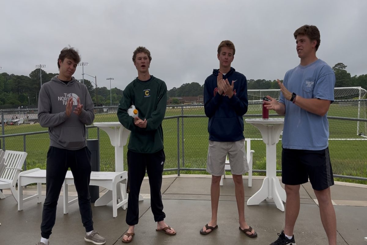 THE BOYS ON the Couch discuss weekly topics outside in the Wing. This week included news on tests, last week's Teacher Appreciation Week, and spring sports. 