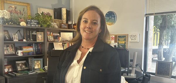FALCONS WELCOME NEW principal Mrs. Melissa George to the "perch". George came to CHS after ten years as principal at Kempsville High School.