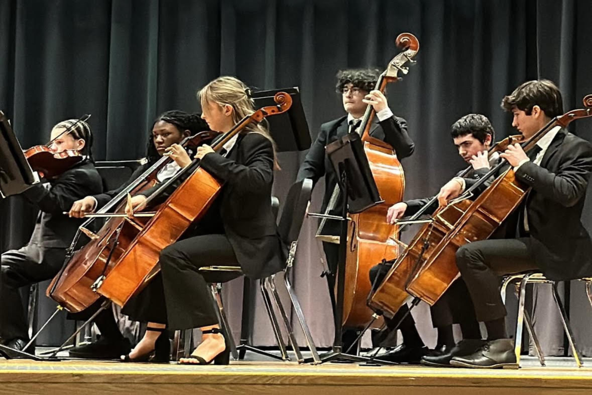 SENIOR CORRINE O'BRYANT gracefully plays the cello. The orchestra was cohesive in every sound they produced during their fall concert.